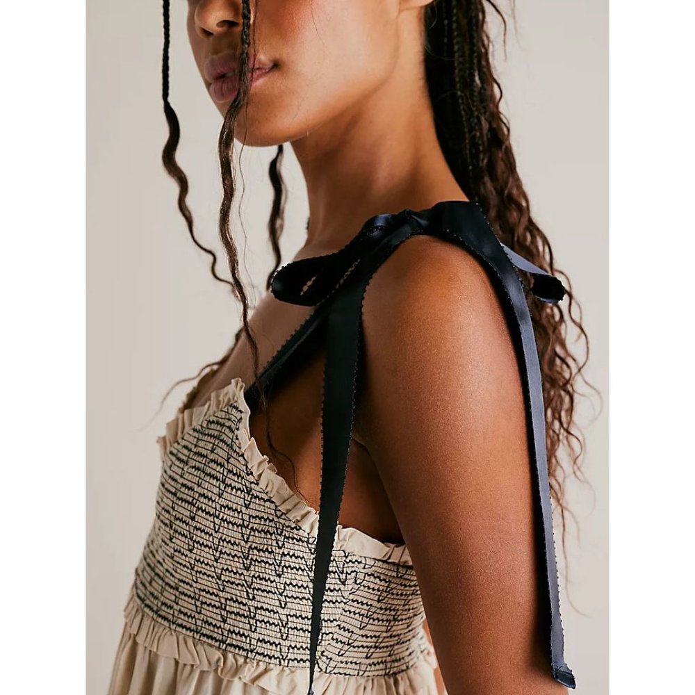 Free People Cream Tiered Maxi Dress with Black Tie Straps - Picture 3 of 13